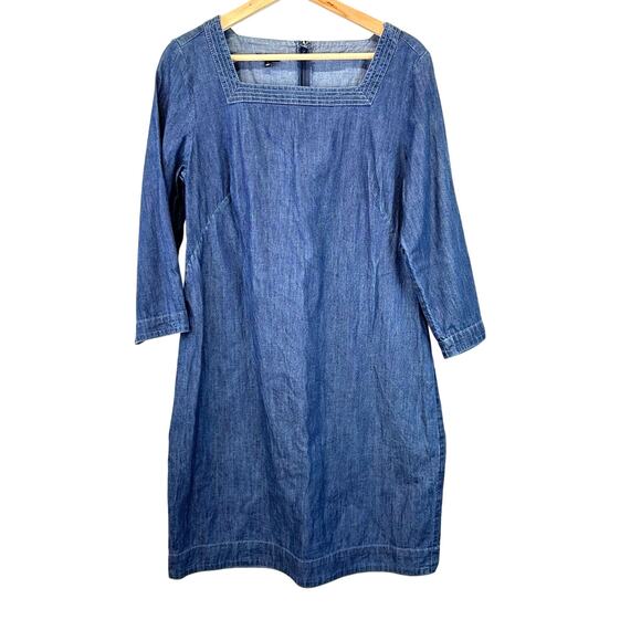 Talbots Square Neck 3/4 Sleeve Knee Length Blue Denim Chambray Dress Wmn Size 10 - Picture 1 of 15